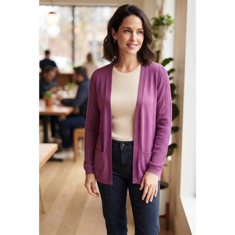 Talbots Womens XL Purple Open Front Cardigan Pointelle Mesh Sleeve Cotton Blend